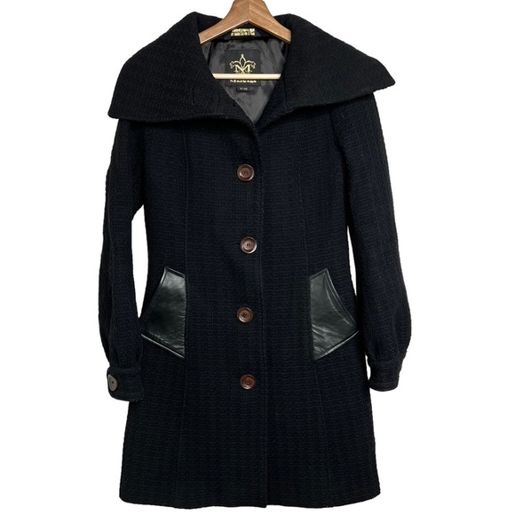 Mackage Womens Size XS Black Wool Longline Peacoat Leather Trim FLAW Collared